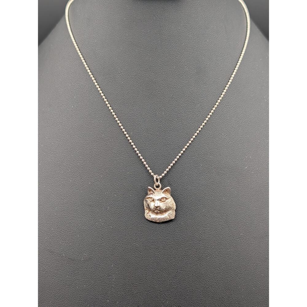 Vintage Persian Cat 925 Sterling Silver Pendant Necklace 18" Italy Bead Chain 7g